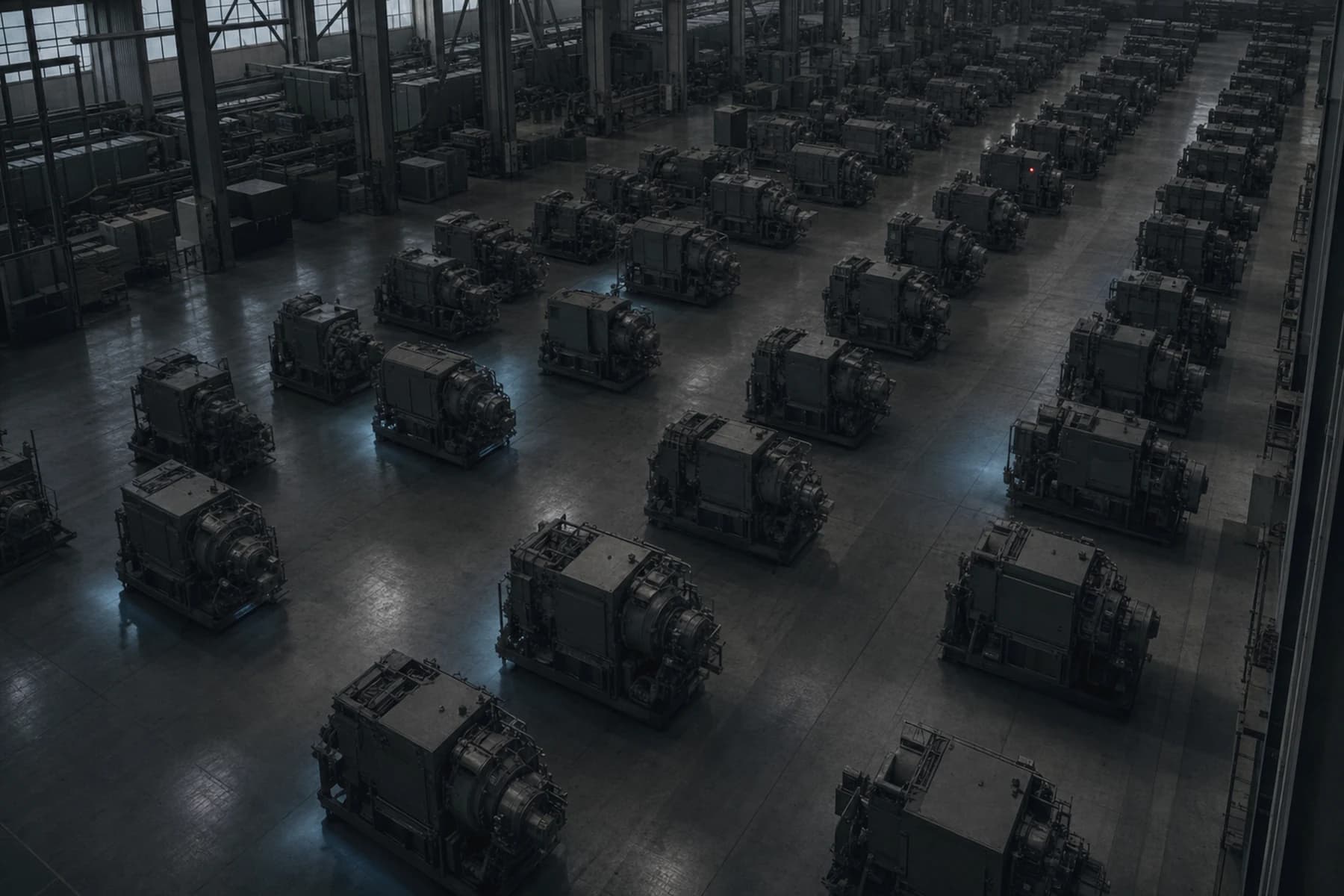 Elevated view of an industrial hall with rows of identical heavy machines, a few individually lit, representing a large installed base seen as one fleet.
